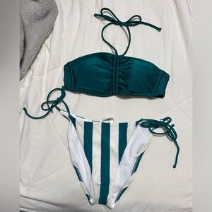 Teal and White Striped Bikini Set